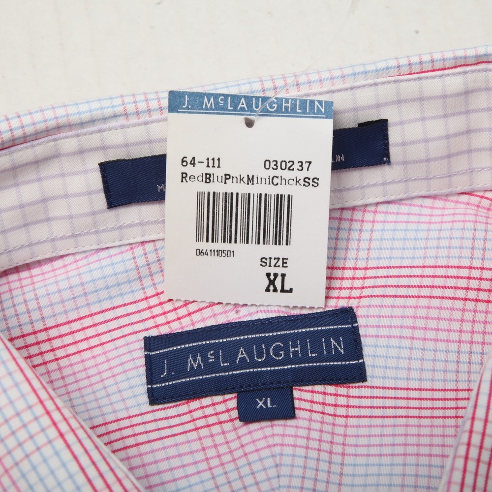 J McLaughlin Shirt Mens XL Red Blue Pink Mini Check Plaid Button Up Cotton Dress - Picture 5 of 11
